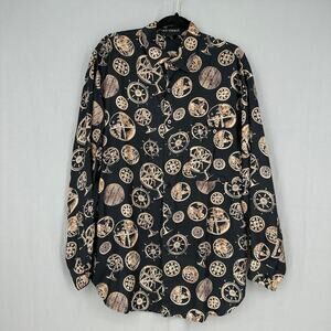 90s Vintage Shirt Mens Medium Black Silk Globe Print Button Artsy Travel